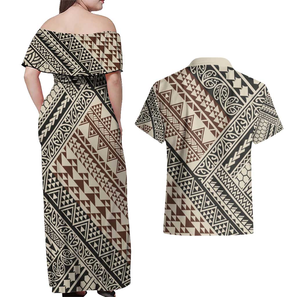 Niho Taniwha Kowhaiwhai Couples Matching Off Shoulder Maxi Dress and Hawaiian Shirt