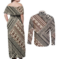 Niho Taniwha Kowhaiwhai Couples Matching Off Shoulder Maxi Dress and Long Sleeve Button Shirt