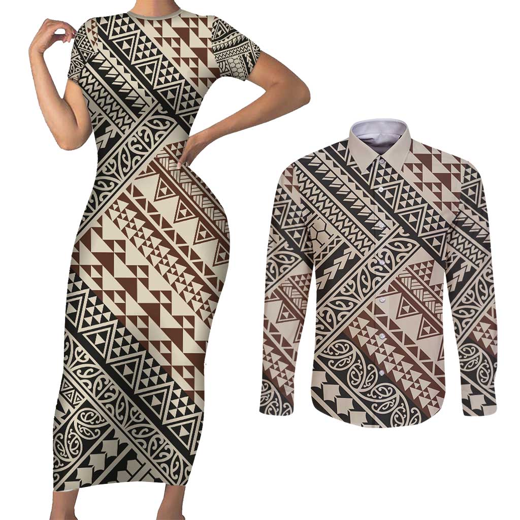 Niho Taniwha Kowhaiwhai Couples Matching Short Sleeve Bodycon Dress and Long Sleeve Button Shirt LT9 Beige - Polynesian Pride