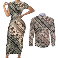 Niho Taniwha Kowhaiwhai Couples Matching Short Sleeve Bodycon Dress and Long Sleeve Button Shirt LT9 Beige - Polynesian Pride