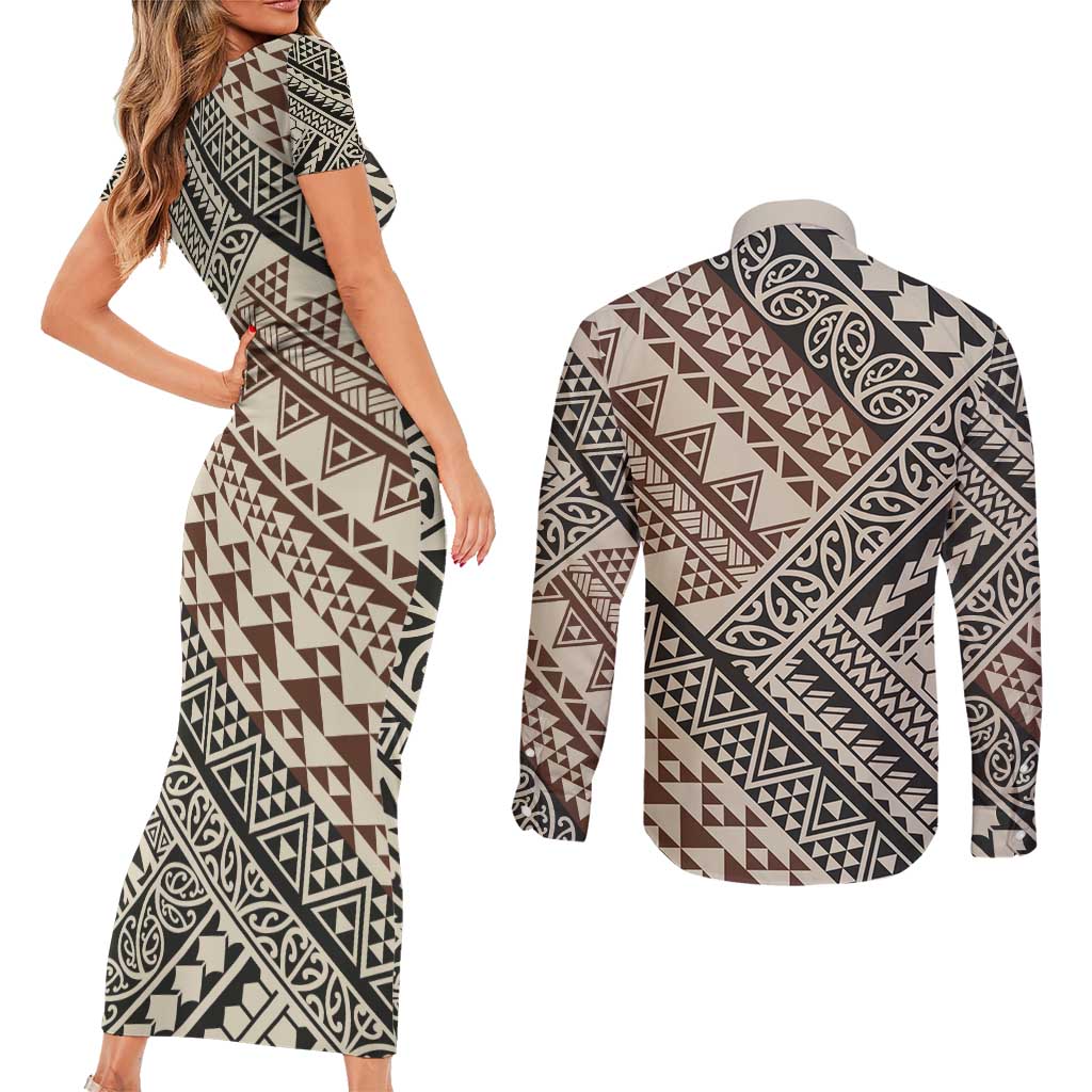 Niho Taniwha Kowhaiwhai Couples Matching Short Sleeve Bodycon Dress and Long Sleeve Button Shirt LT9 - Polynesian Pride