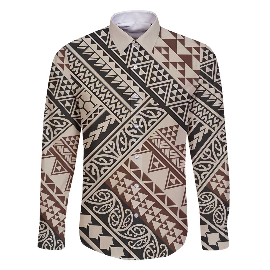 Niho Taniwha Kowhaiwhai Family Matching Mermaid Dress and Hawaiian Shirt LT9 Dad's Shirt - Long Sleeve Beige - Polynesian Pride