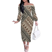 Niho Taniwha Kowhaiwhai Family Matching Off The Shoulder Long Sleeve Dress and Hawaiian Shirt LT9 Mom's Dress Beige - Polynesian Pride