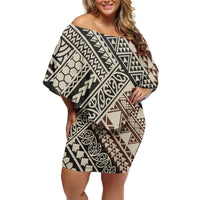 Niho Taniwha Kowhaiwhai Family Matching Off Shoulder Short Dress and Hawaiian Shirt LT9 Mom's Dress Beige - Polynesian Pride