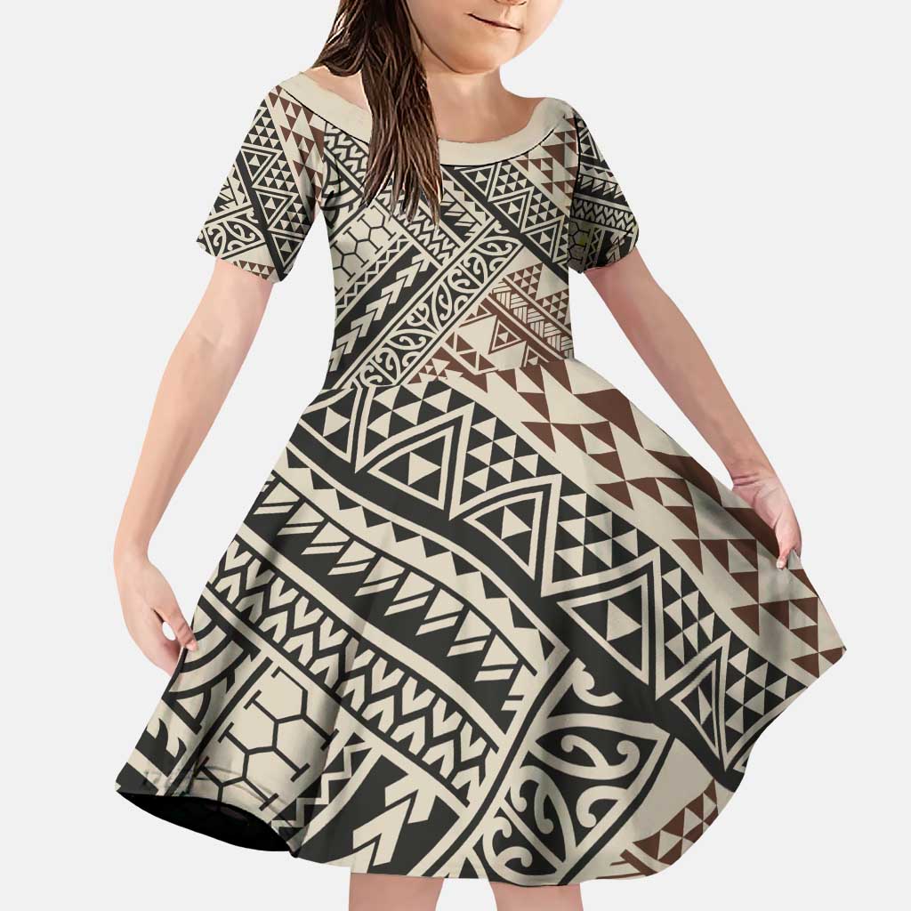 Niho Taniwha Kowhaiwhai Family Matching Puletasi and Hawaiian Shirt LT9 Daughter's Dress Beige - Polynesian Pride