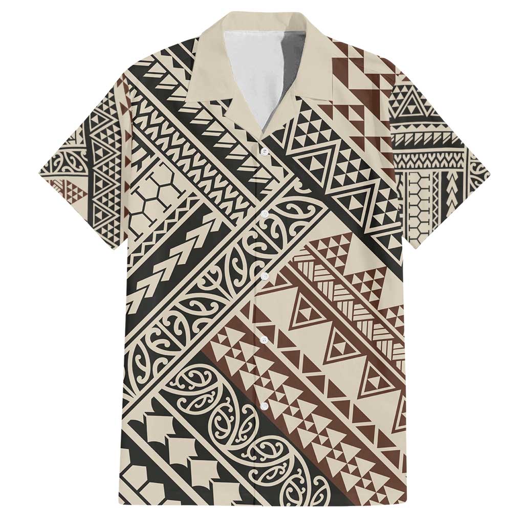 Niho Taniwha Kowhaiwhai Family Matching Puletasi and Hawaiian Shirt LT9 Dad's Shirt - Short Sleeve Beige - Polynesian Pride