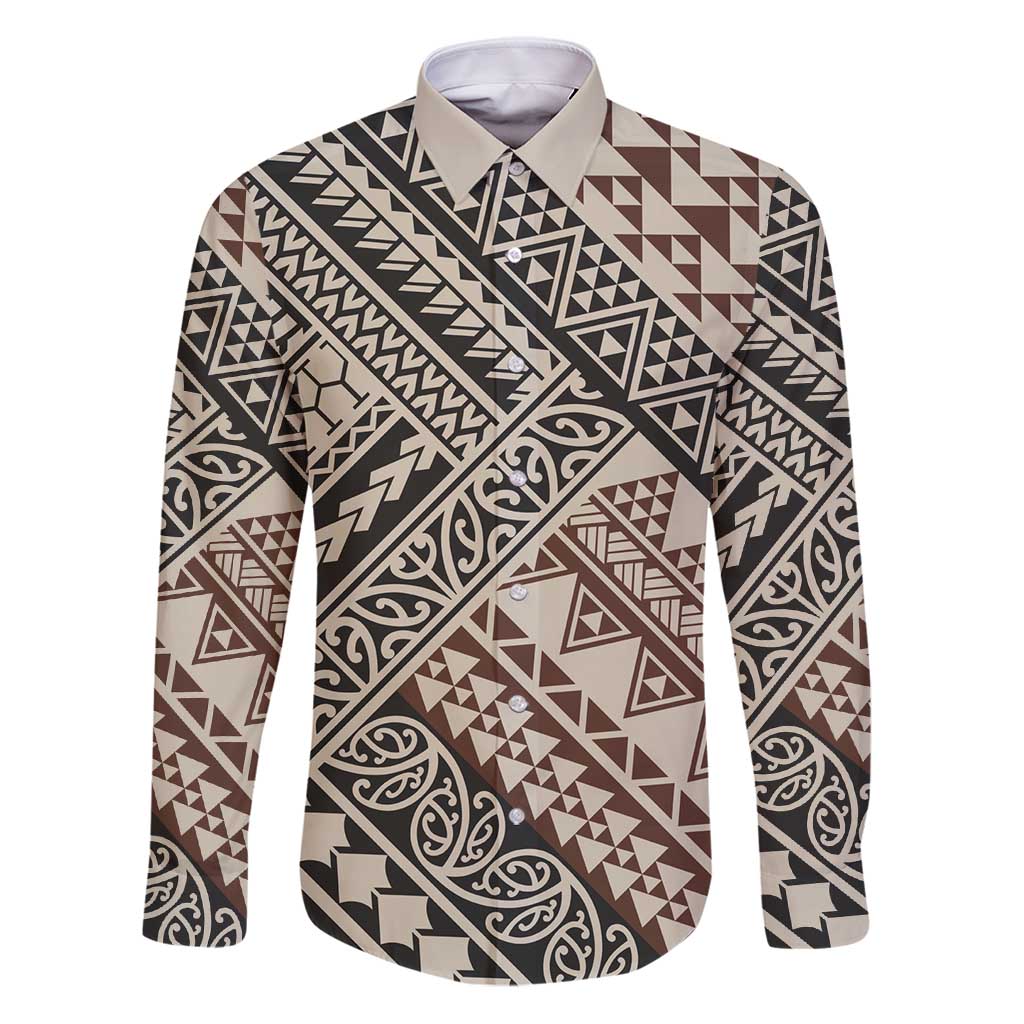 Niho Taniwha Kowhaiwhai Family Matching Puletasi and Hawaiian Shirt LT9 Dad's Shirt - Long Sleeve Beige - Polynesian Pride