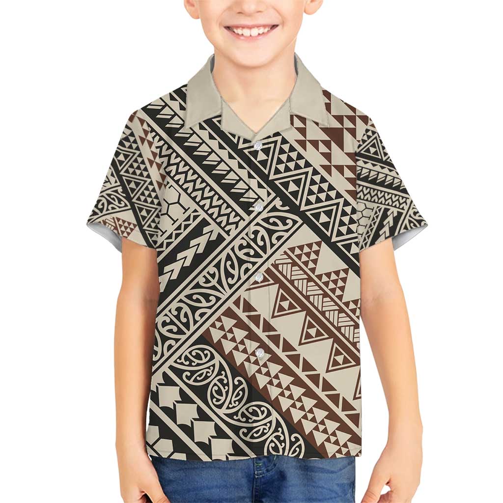 Niho Taniwha Kowhaiwhai Family Matching Puletasi and Hawaiian Shirt LT9 Son's Shirt Beige - Polynesian Pride