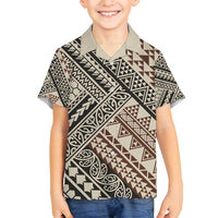 Niho Taniwha Kowhaiwhai Family Matching Puletasi and Hawaiian Shirt LT9 Son's Shirt Beige - Polynesian Pride