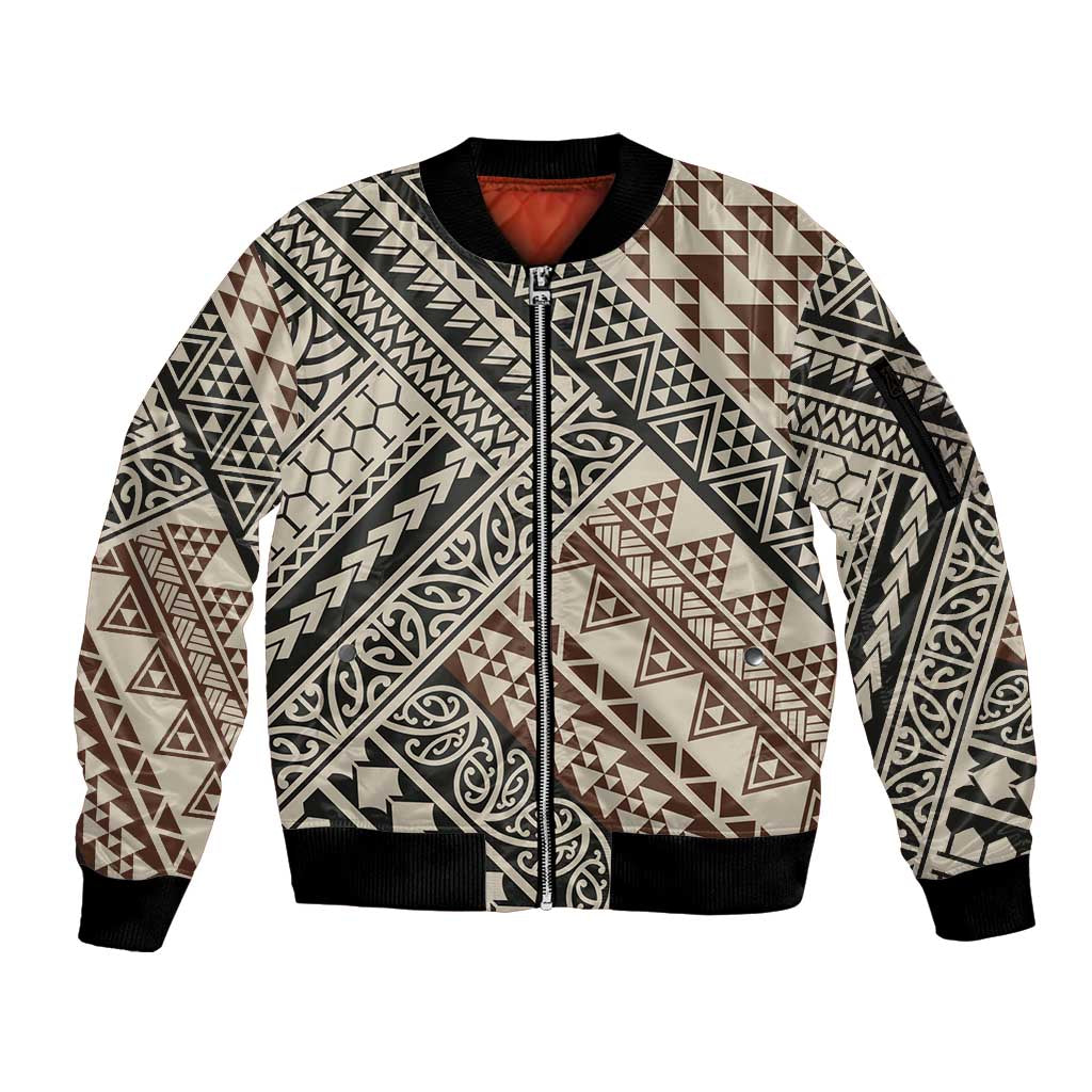 Niho Taniwha Kowhaiwhai Sleeve Zip Bomber Jacket LT9 Unisex Beige - Polynesian Pride