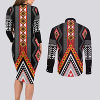 Niho Taniwha Taniko Motif Couples Matching Long Sleeve Bodycon Dress and Long Sleeve Button Shirt