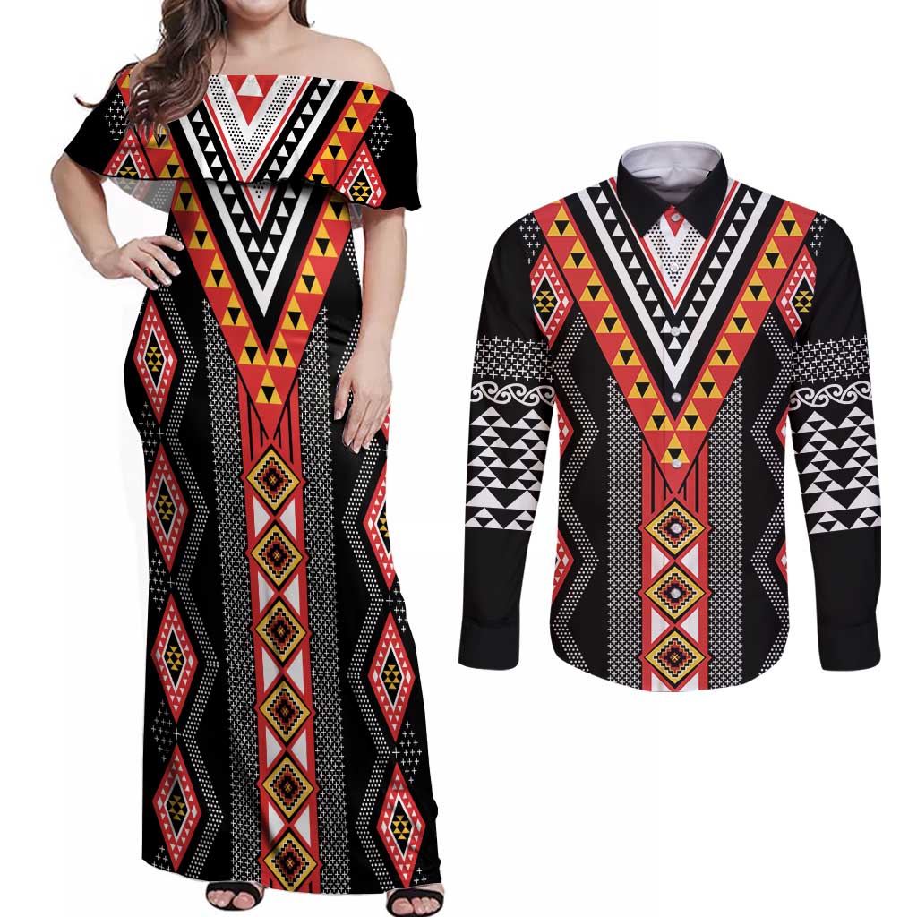 Niho Taniwha Taniko Motif Couples Matching Off Shoulder Maxi Dress and Long Sleeve Button Shirt