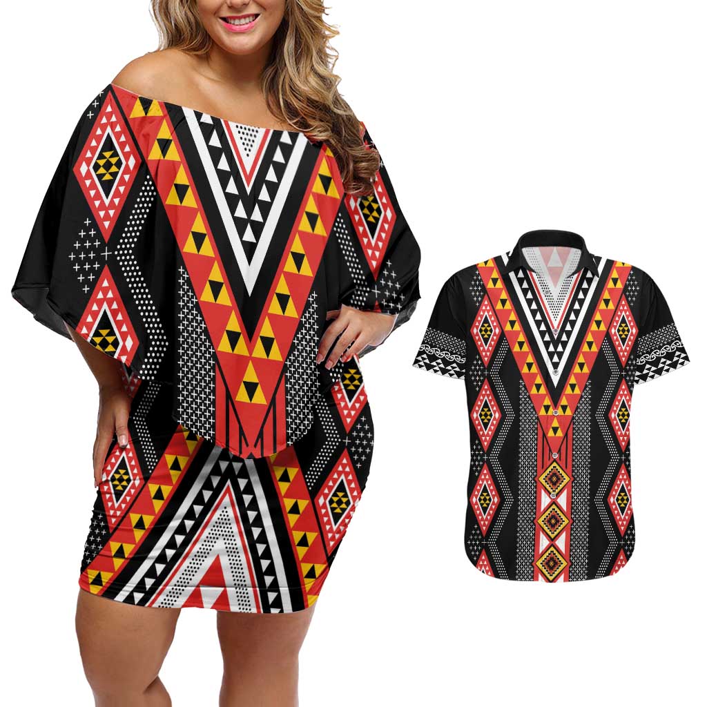Niho Taniwha Taniko Motif Couples Matching Off Shoulder Short Dress and Hawaiian Shirt