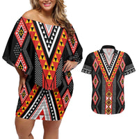 Niho Taniwha Taniko Motif Couples Matching Off Shoulder Short Dress and Hawaiian Shirt