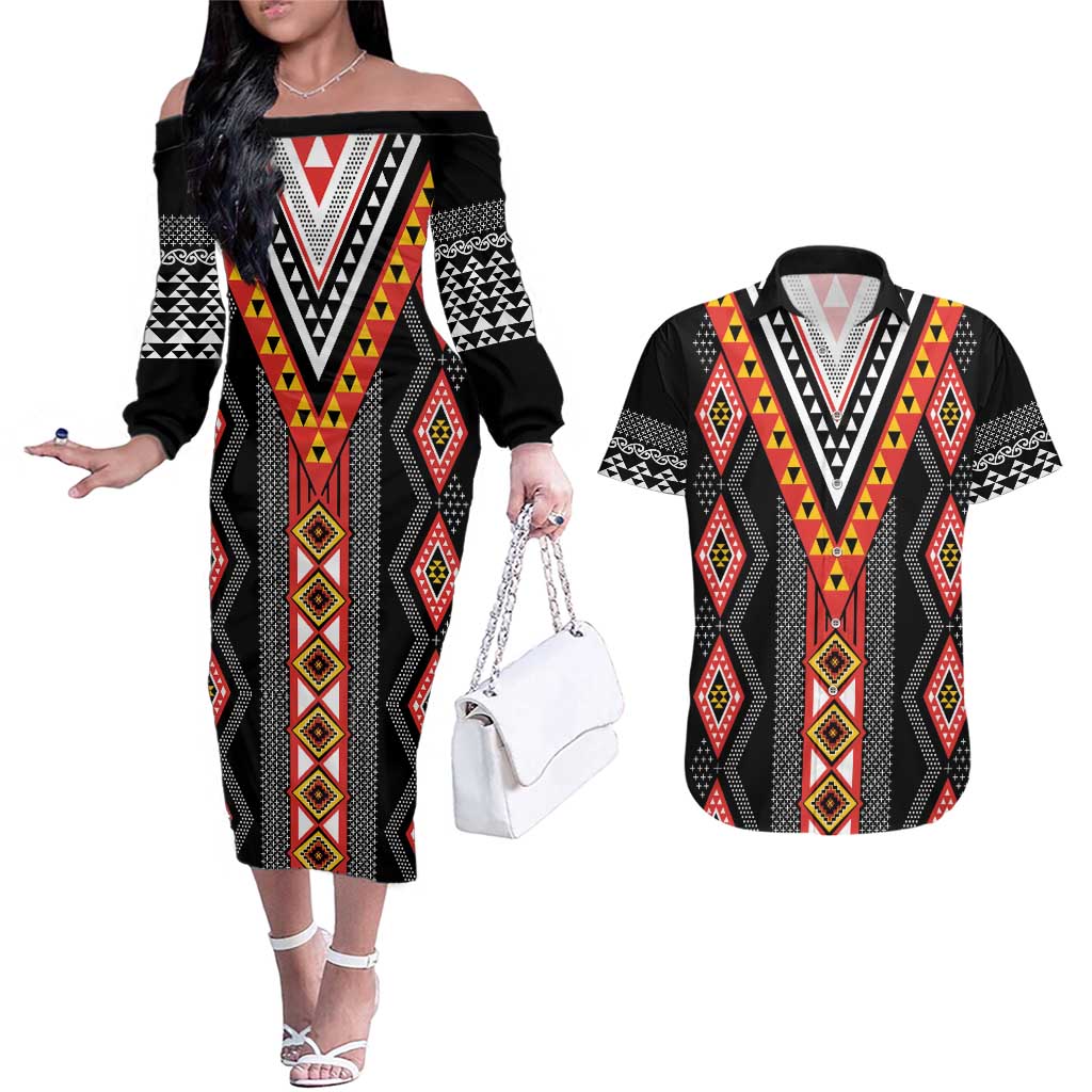 Niho Taniwha Taniko Motif Couples Matching Off The Shoulder Long Sleeve Dress and Hawaiian Shirt