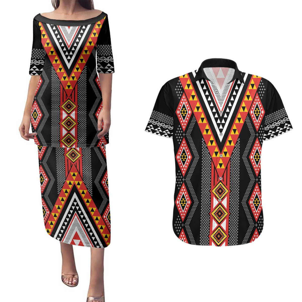 Niho Taniwha Taniko Motif Couples Matching Puletasi and Hawaiian Shirt