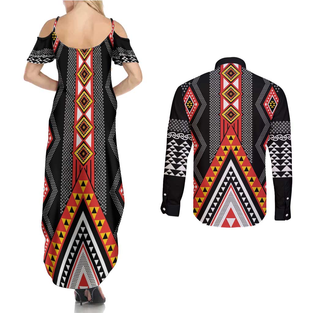 Niho Taniwha Taniko Motif Couples Matching Summer Maxi Dress and Long Sleeve Button Shirt