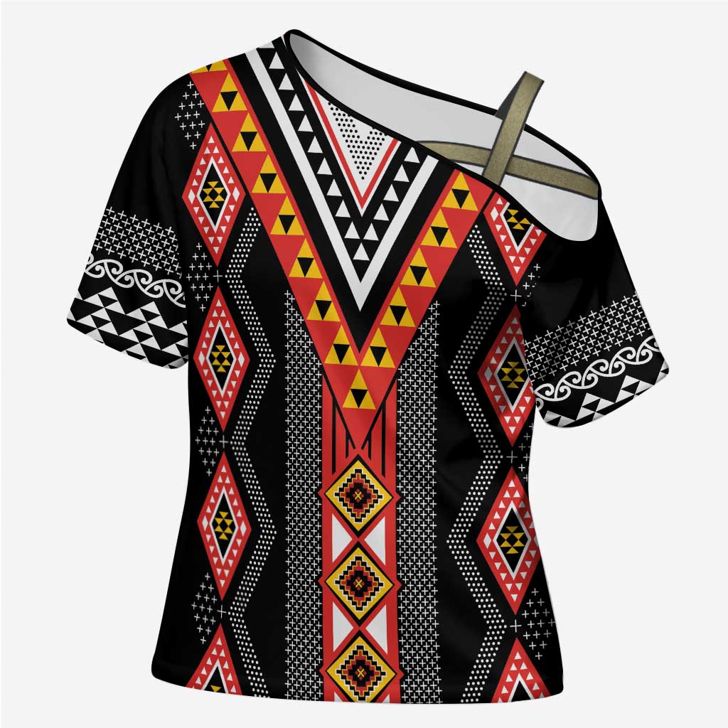 Niho Taniwha Taniko Motif Cross Shoulder Shirt - Polynesian Pride