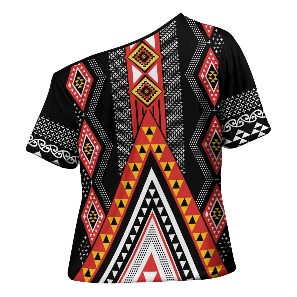 Niho Taniwha Taniko Motif Cross Shoulder Shirt - Polynesian Pride