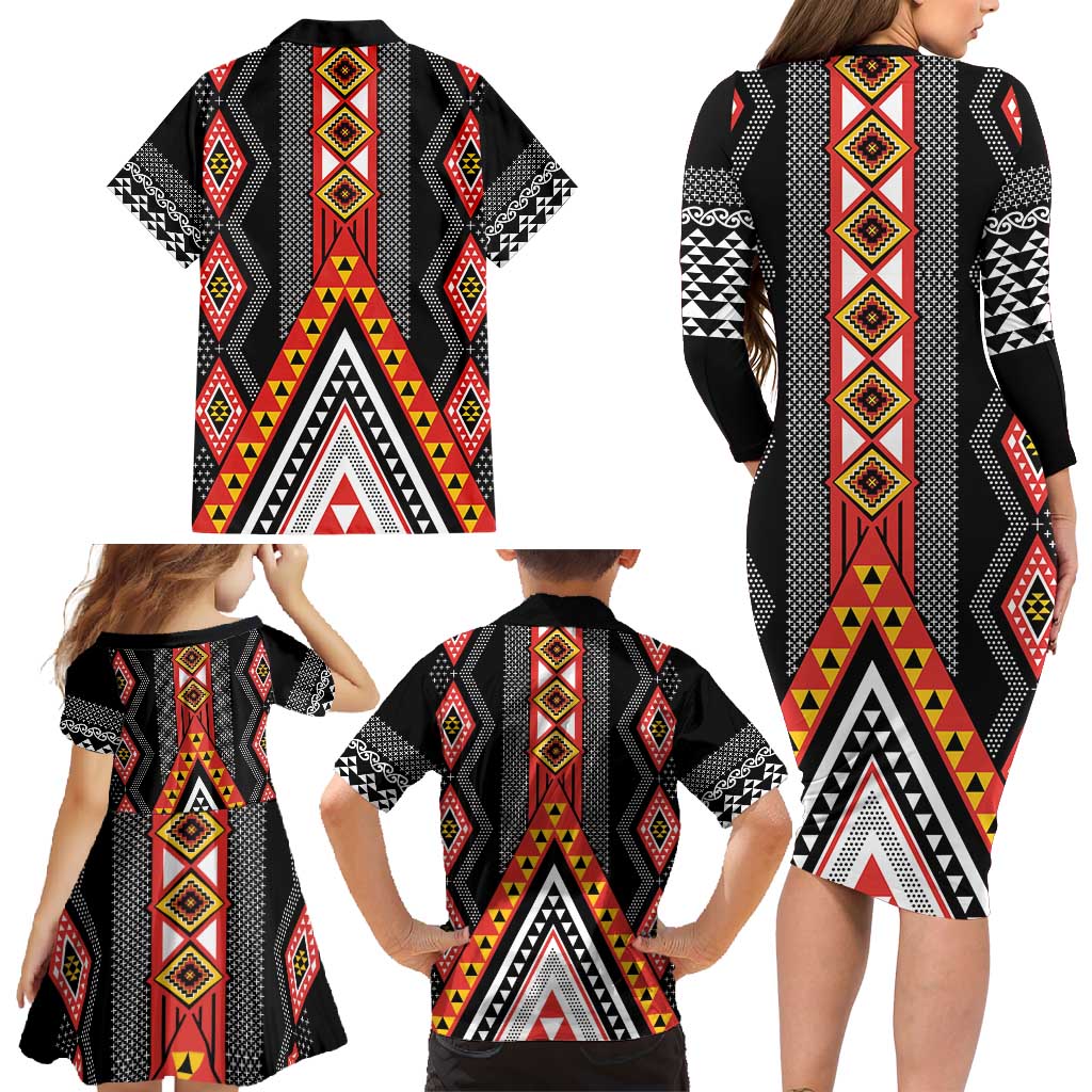 Niho Taniwha Taniko Motif Family Matching Long Sleeve Bodycon Dress and Hawaiian Shirt LT9 - Polynesian Pride