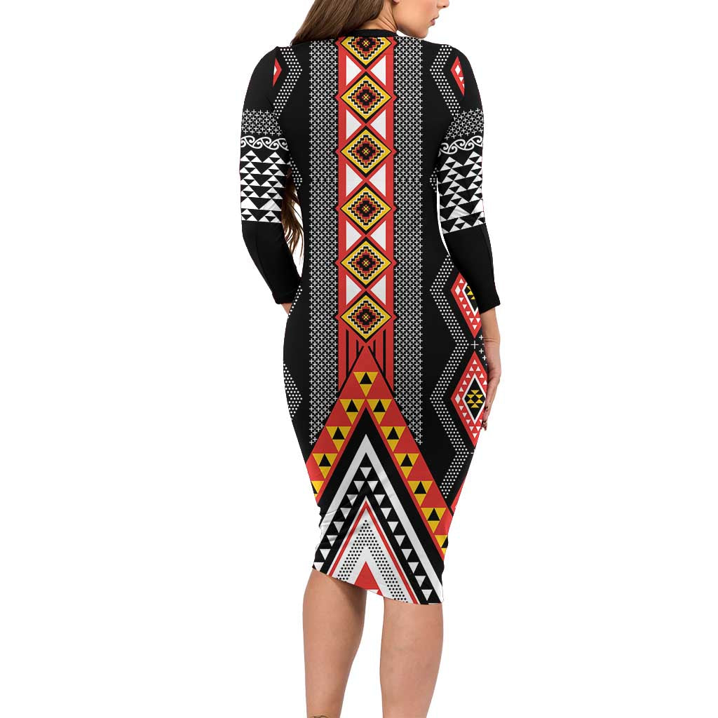 Niho Taniwha Taniko Motif Family Matching Long Sleeve Bodycon Dress and Hawaiian Shirt LT9 - Polynesian Pride