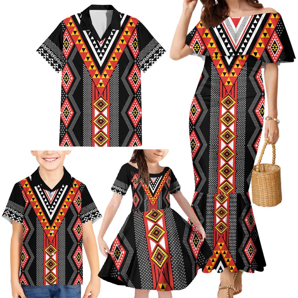 Niho Taniwha Taniko Motif Family Matching Mermaid Dress and Hawaiian Shirt