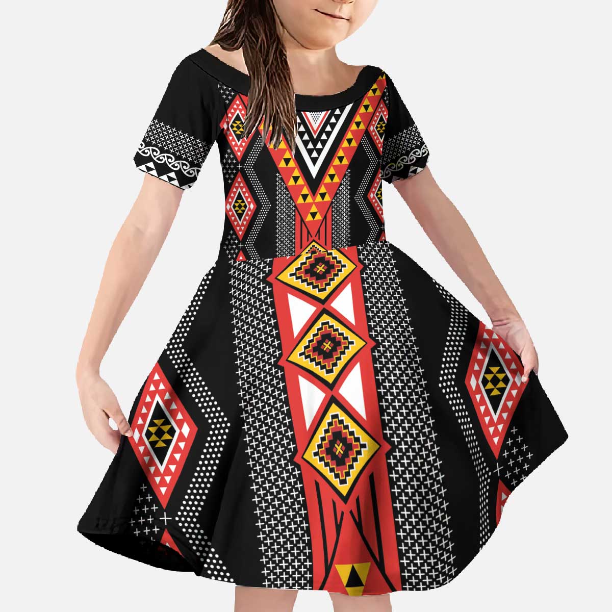 Niho Taniwha Taniko Motif Family Matching Off The Shoulder Long Sleeve Dress and Hawaiian Shirt LT9 Daughter's Dress Red - Polynesian Pride