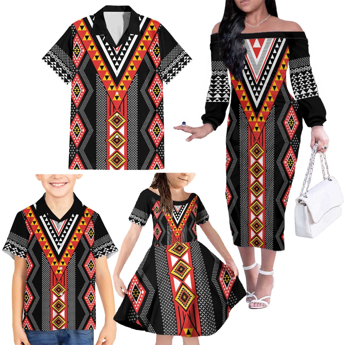 Niho Taniwha Taniko Motif Family Matching Off The Shoulder Long Sleeve Dress and Hawaiian Shirt LT9 - Polynesian Pride
