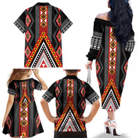 Niho Taniwha Taniko Motif Family Matching Off The Shoulder Long Sleeve Dress and Hawaiian Shirt LT9 - Polynesian Pride