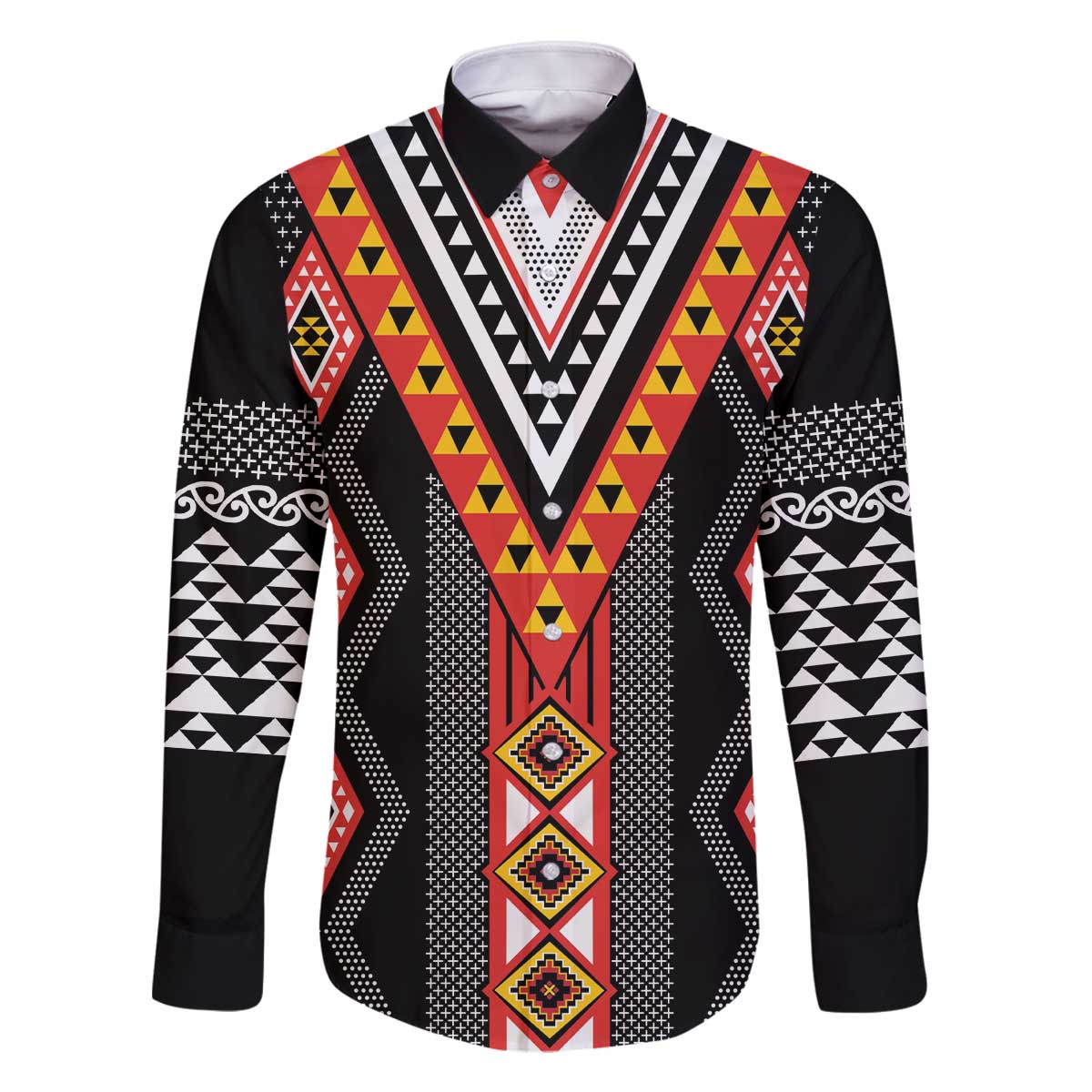 Niho Taniwha Taniko Motif Family Matching Off The Shoulder Long Sleeve Dress and Hawaiian Shirt LT9 Dad's Shirt - Long Sleeve Red - Polynesian Pride