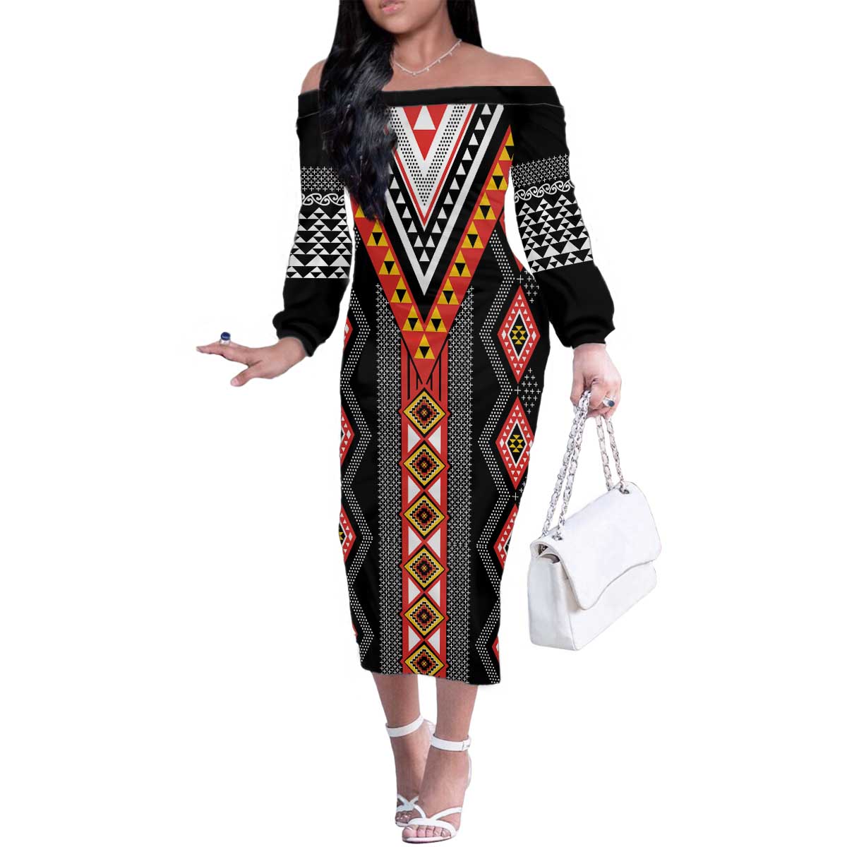 Niho Taniwha Taniko Motif Family Matching Off The Shoulder Long Sleeve Dress and Hawaiian Shirt LT9 Mom's Dress Red - Polynesian Pride
