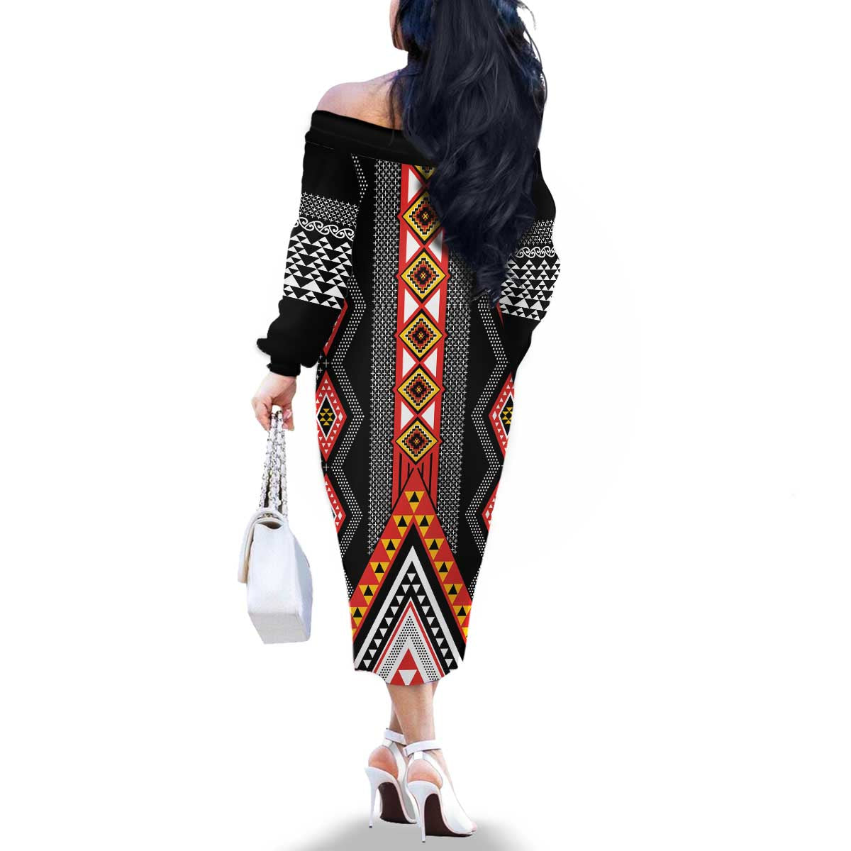 Niho Taniwha Taniko Motif Family Matching Off The Shoulder Long Sleeve Dress and Hawaiian Shirt LT9 - Polynesian Pride