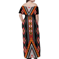 Niho Taniwha Taniko Motif Family Matching Off Shoulder Maxi Dress and Hawaiian Shirt