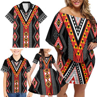 Niho Taniwha Taniko Motif Family Matching Off Shoulder Short Dress and Hawaiian Shirt LT9 - Polynesian Pride