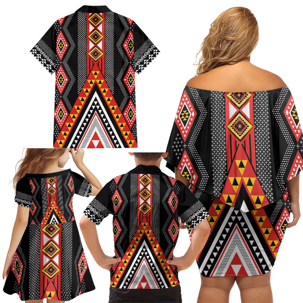 Niho Taniwha Taniko Motif Family Matching Off Shoulder Short Dress and Hawaiian Shirt LT9 - Polynesian Pride