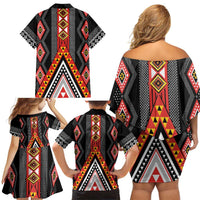 Niho Taniwha Taniko Motif Family Matching Off Shoulder Short Dress and Hawaiian Shirt LT9 - Polynesian Pride
