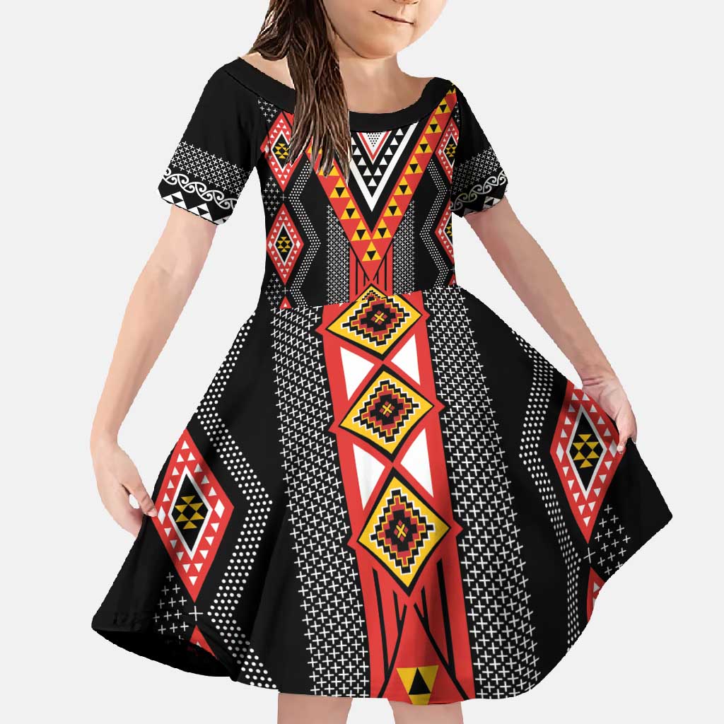 Niho Taniwha Taniko Motif Family Matching Short Sleeve Bodycon Dress and Hawaiian Shirt LT9 Daughter's Dress Red - Polynesian Pride