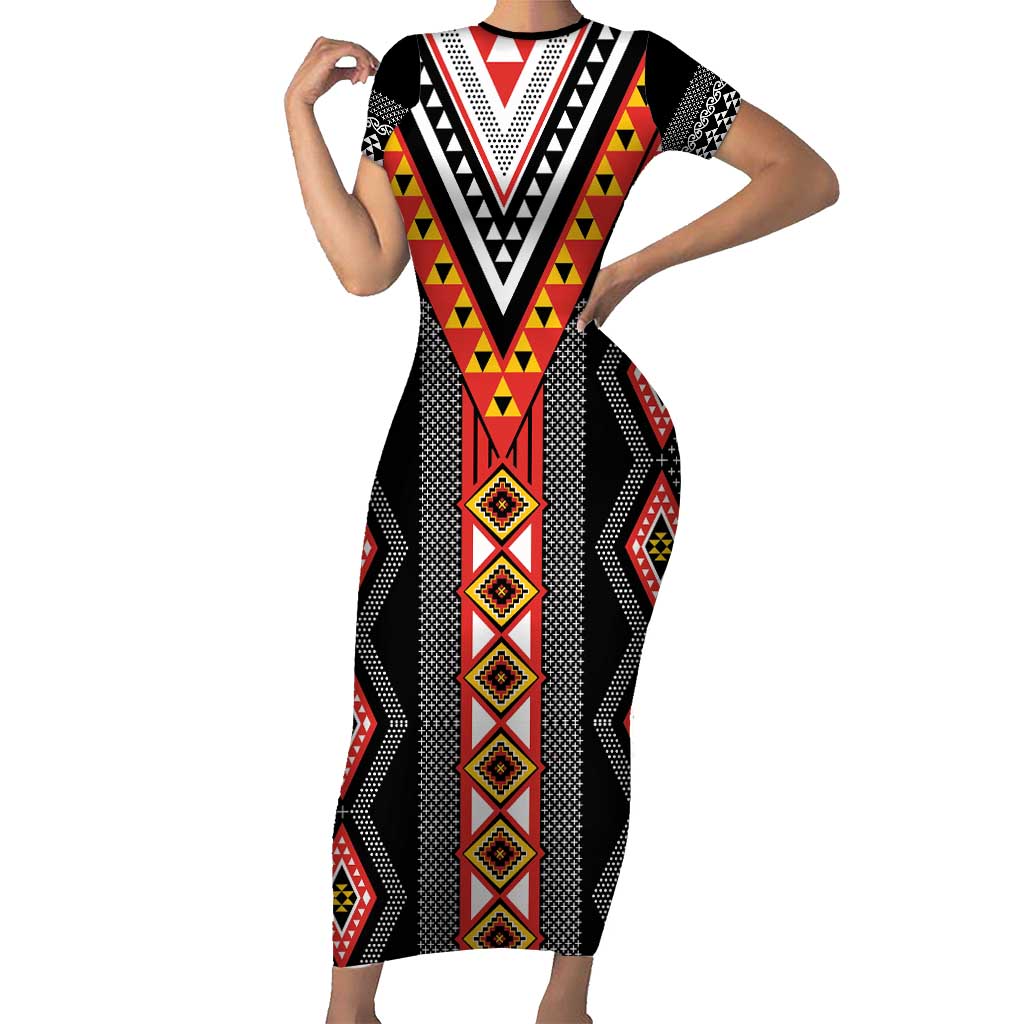 Niho Taniwha Taniko Motif Family Matching Short Sleeve Bodycon Dress and Hawaiian Shirt LT9 Mom's Dress Red - Polynesian Pride
