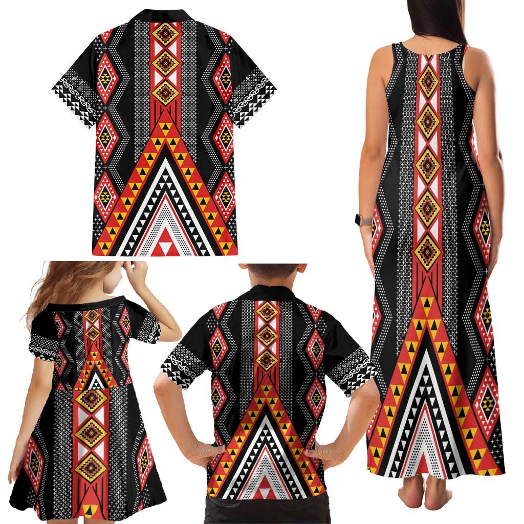 Niho Taniwha Taniko Motif Family Matching Tank Maxi Dress and Hawaiian Shirt