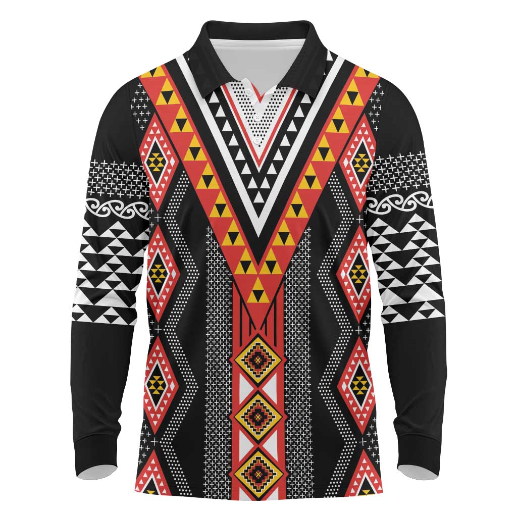 Niho Taniwha Taniko Motif Long Sleeve Polo Shirt LT9 Red - Polynesian Pride