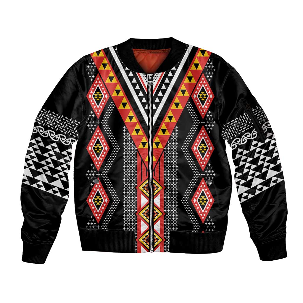 Niho Taniwha Taniko Motif Sleeve Zip Bomber Jacket LT9 Unisex Red - Polynesian Pride
