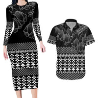 Black Taniko Kowhaiwhai Tukutuku Motif Couples Matching Long Sleeve Bodycon Dress and Hawaiian Shirt