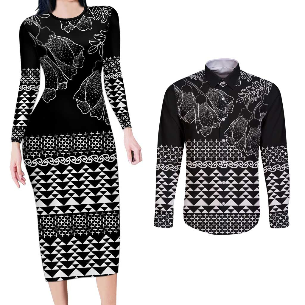 Black Taniko Kowhaiwhai Tukutuku Motif Couples Matching Long Sleeve Bodycon Dress and Long Sleeve Button Shirt