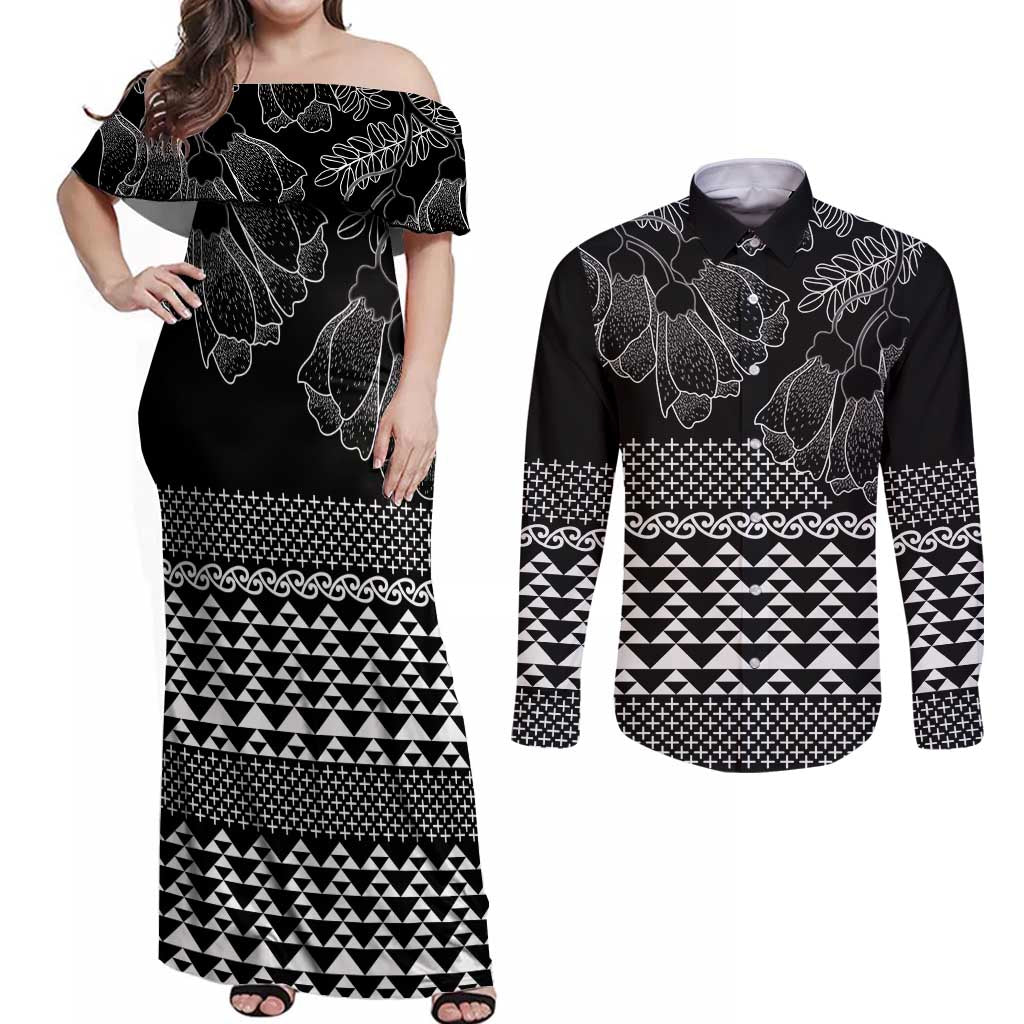 Black Taniko Kowhaiwhai Tukutuku Motif Couples Matching Off Shoulder Maxi Dress and Long Sleeve Button Shirt