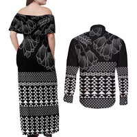 Black Taniko Kowhaiwhai Tukutuku Motif Couples Matching Off Shoulder Maxi Dress and Long Sleeve Button Shirt
