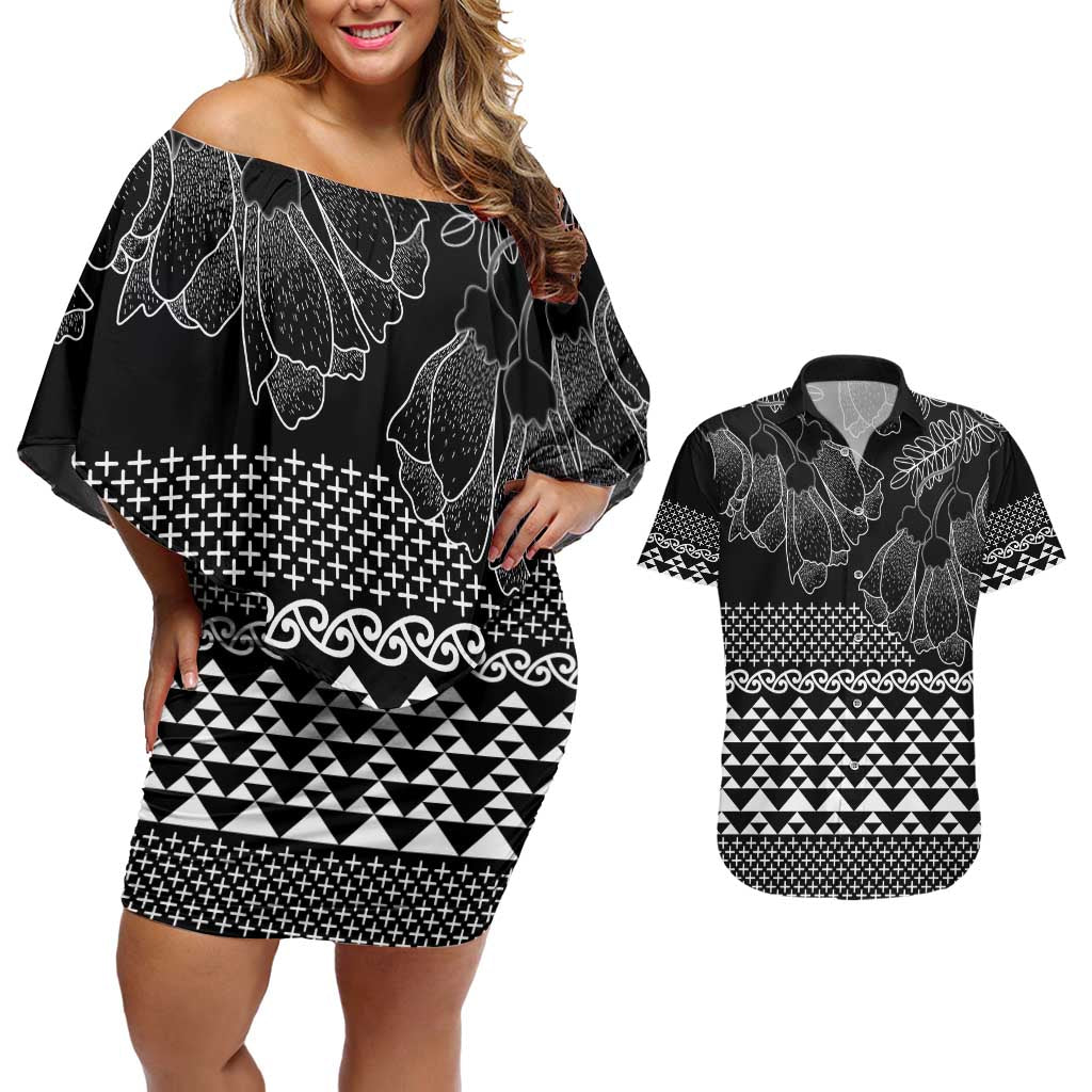 Black Taniko Kowhaiwhai Tukutuku Motif Couples Matching Off Shoulder Short Dress and Hawaiian Shirt