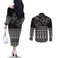 Black Taniko Kowhaiwhai Tukutuku Motif Couples Matching Off The Shoulder Long Sleeve Dress and Long Sleeve Button Shirt LT9 - Polynesian Pride