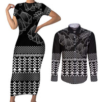 Black Taniko Kowhaiwhai Tukutuku Motif Couples Matching Short Sleeve Bodycon Dress and Long Sleeve Button Shirt LT9 Black - Polynesian Pride