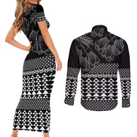 Black Taniko Kowhaiwhai Tukutuku Motif Couples Matching Short Sleeve Bodycon Dress and Long Sleeve Button Shirt LT9 - Polynesian Pride