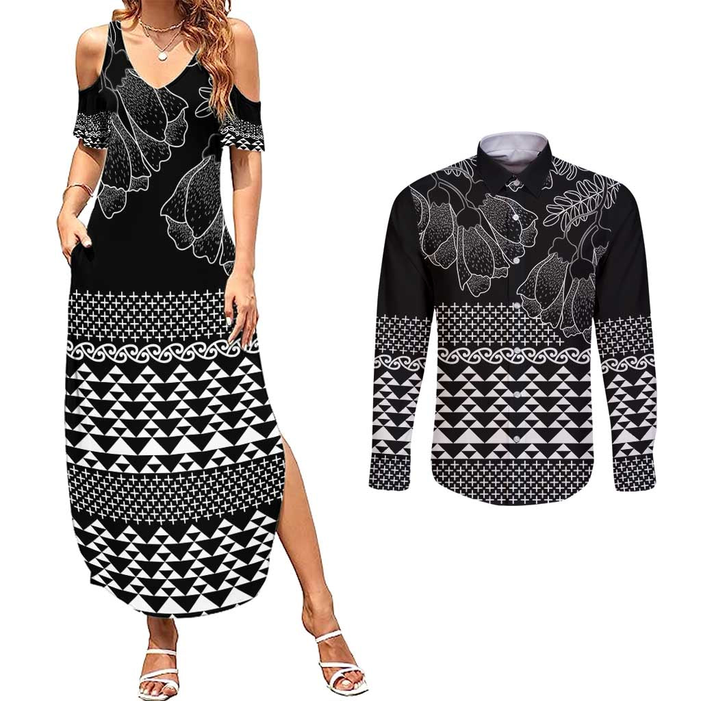 Black Taniko Kowhaiwhai Tukutuku Motif Couples Matching Summer Maxi Dress and Long Sleeve Button Shirt